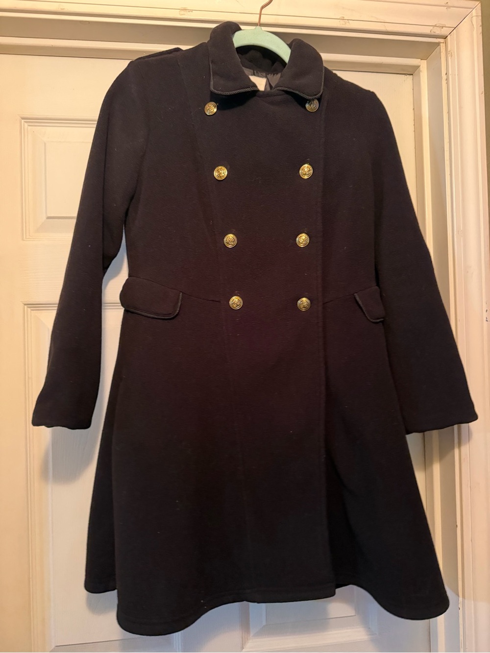 Girls Copper Key Dark Brown Double-Breasted Pea Coat with Gold Buttons